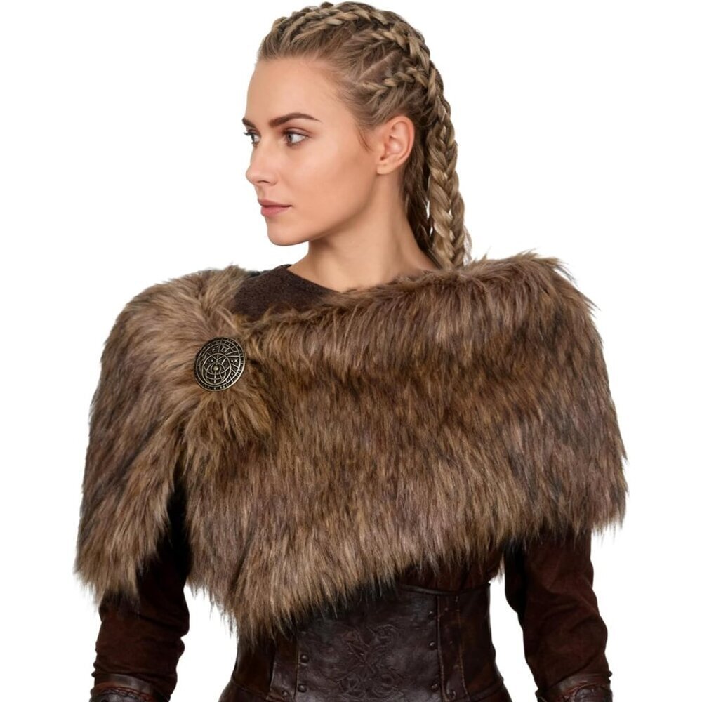 Women Faux Fur Shawl Wrap with Medieval Brooch for Viking and LARP Costumes